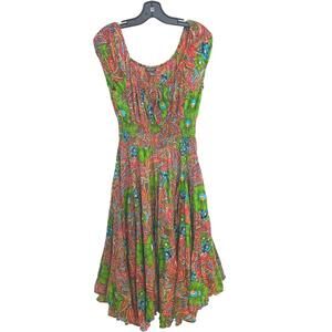 Elsea & Theodore Floral Maxi Swing Boho Dress Smocked Waist - Large Green